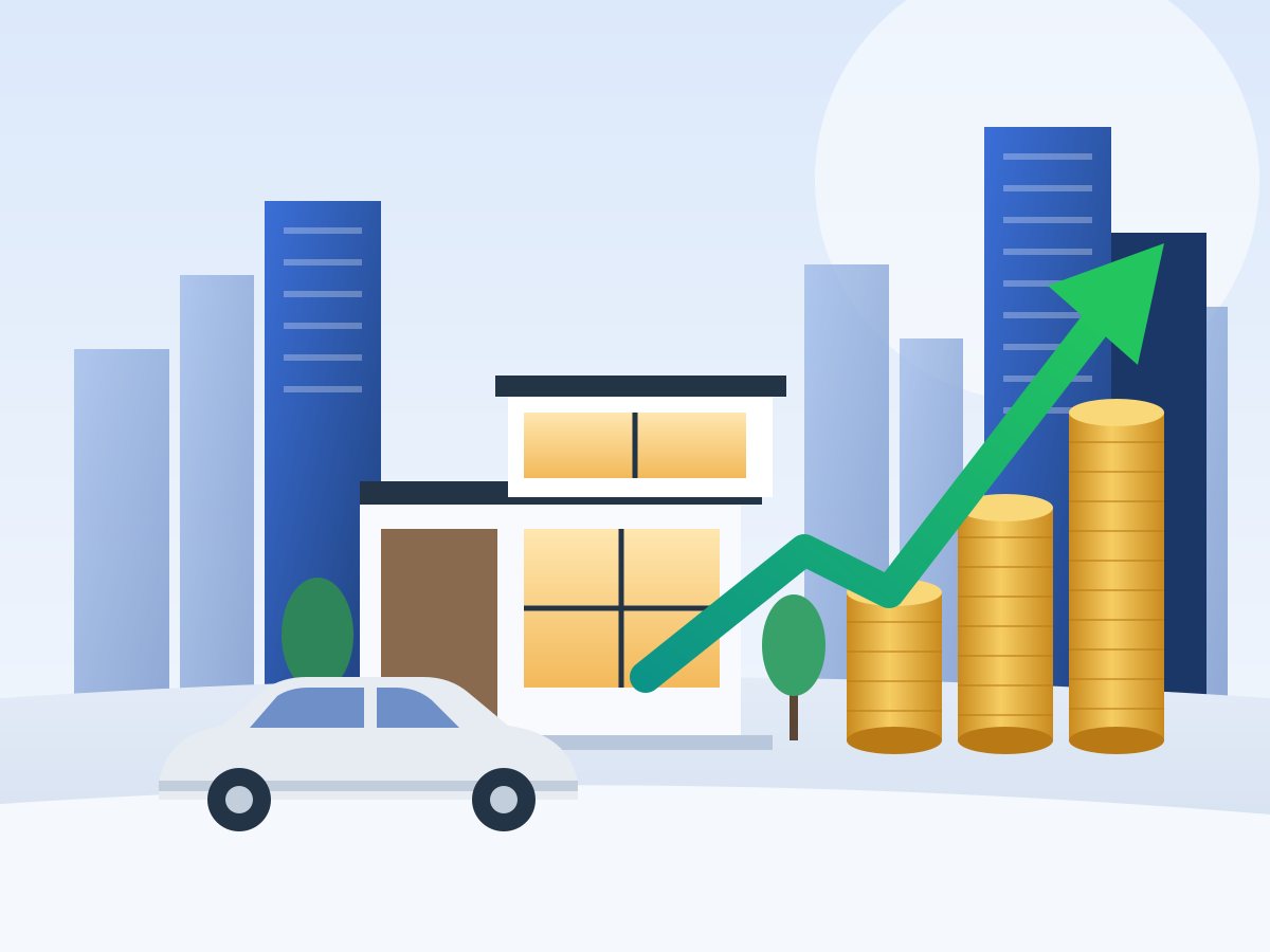 Illustration of a modern home, city buildings, stacked coins and a rising growth arrow representing financial progress